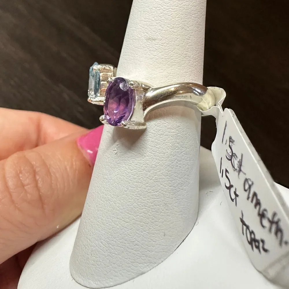 Genuine 1.5ct each of blue topaz and‎ amethyst, set in .925 ring!